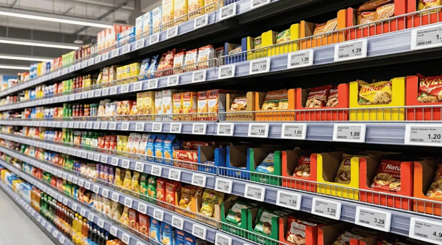 Electronic shelf labels displayed on supermarket shelves in a modern retail store Electronic shelf labels displayed on supermarket shelves in a modern retail store
