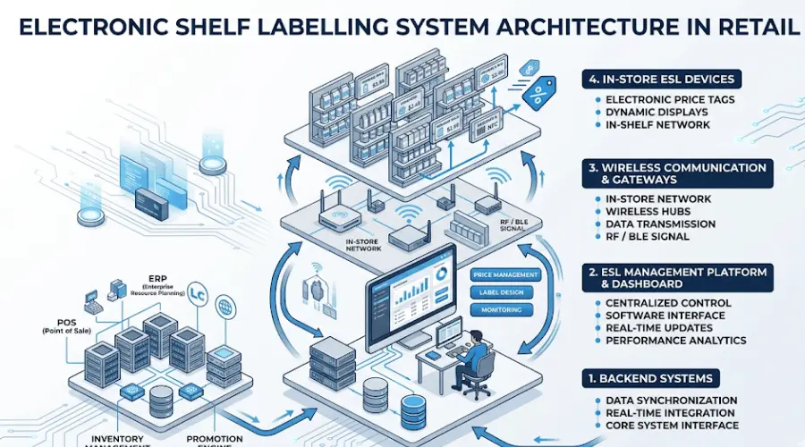 Electronic shelf labelling system architecture connecting shelf labels, gateways, software, POS, ERP, and inventory systems